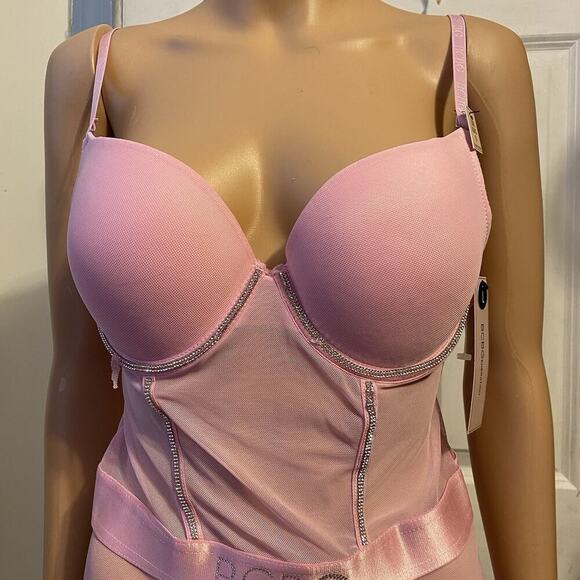 New BCBGenertion Pink Mesh Luxe Bling Pushup Bodysuit Top SzL Sexy Love Romantic - Picture 6 of 11
